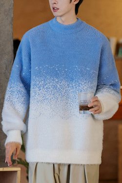 Blue Gradient Color Thick Knit Winter Men Sweater O Neck