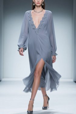 Blue Lace Side Open Chiffon Dress V Neck Butterfly Sleeve