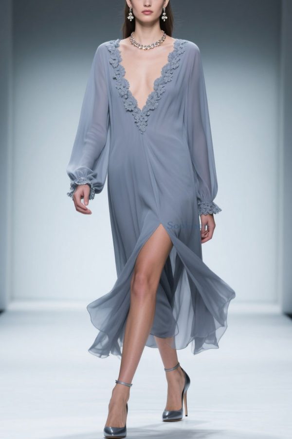 Blue Lace Side Open Chiffon Dress V Neck Butterfly Sleeve