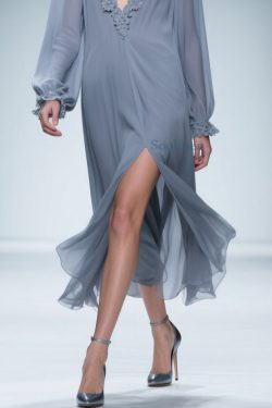 Blue Lace Side Open Chiffon Dress V Neck Butterfly Sleeve