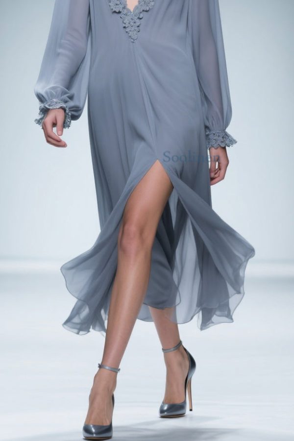 Blue Lace Side Open Chiffon Dress V Neck Butterfly Sleeve