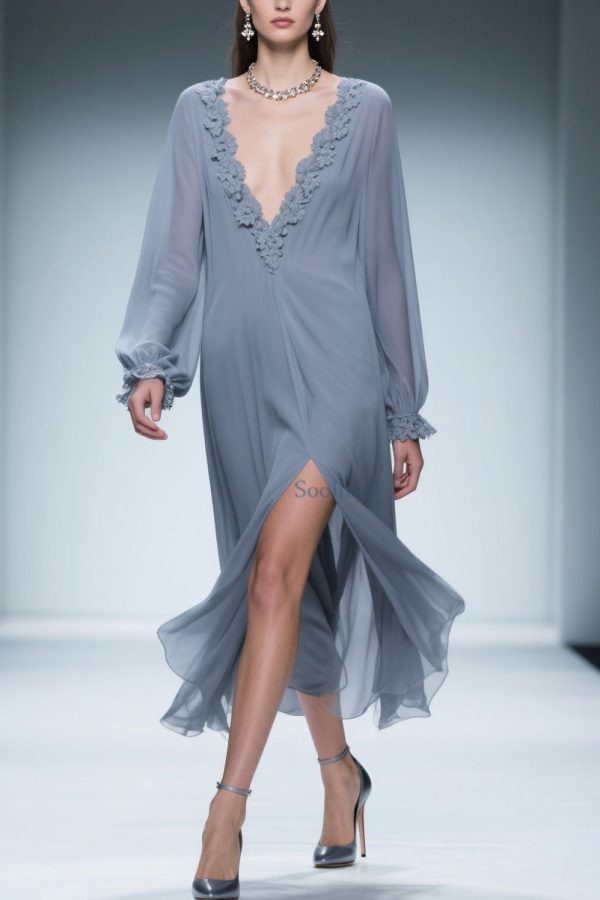 Blue Lace Side Open Chiffon Dress V Neck Butterfly Sleeve