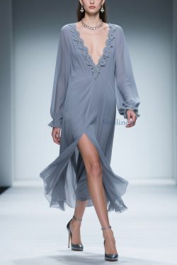 Blue Lace Side Open Chiffon Dress V Neck Butterfly Sleeve