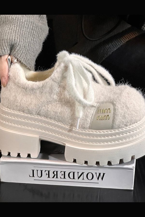 Blue Lace Up Chunky Sheepskin Chic Splicing Loafers