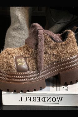 Blue Lace Up Chunky Sheepskin Chic Splicing Loafers