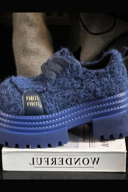 Blue Lace Up Chunky Sheepskin Chic Splicing Loafers