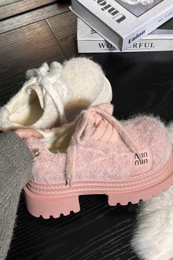 Blue Lace Up Chunky Sheepskin Chic Splicing Loafers