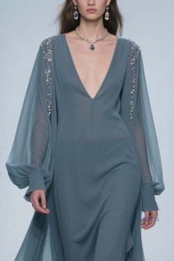 Blue Original Design Solid Chiffon Dress V Neck Lantern Sleeve