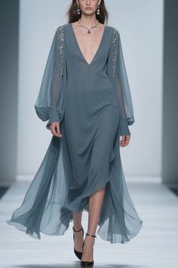 Blue Original Design Solid Chiffon Dress V Neck Lantern Sleeve