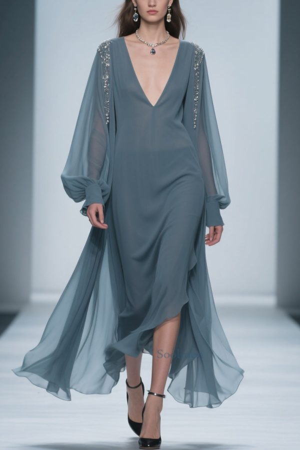 Blue Original Design Solid Chiffon Dress V Neck Lantern Sleeve