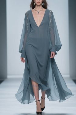 Blue Original Design Solid Chiffon Dress V Neck Lantern Sleeve