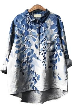 Blue Print Cotton Blouse Tops Oversized Spring