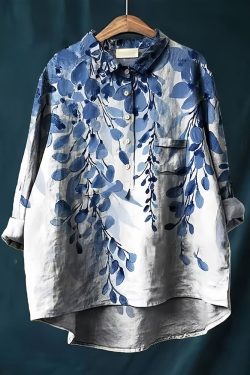 Blue Print Cotton Blouse Tops Oversized Spring