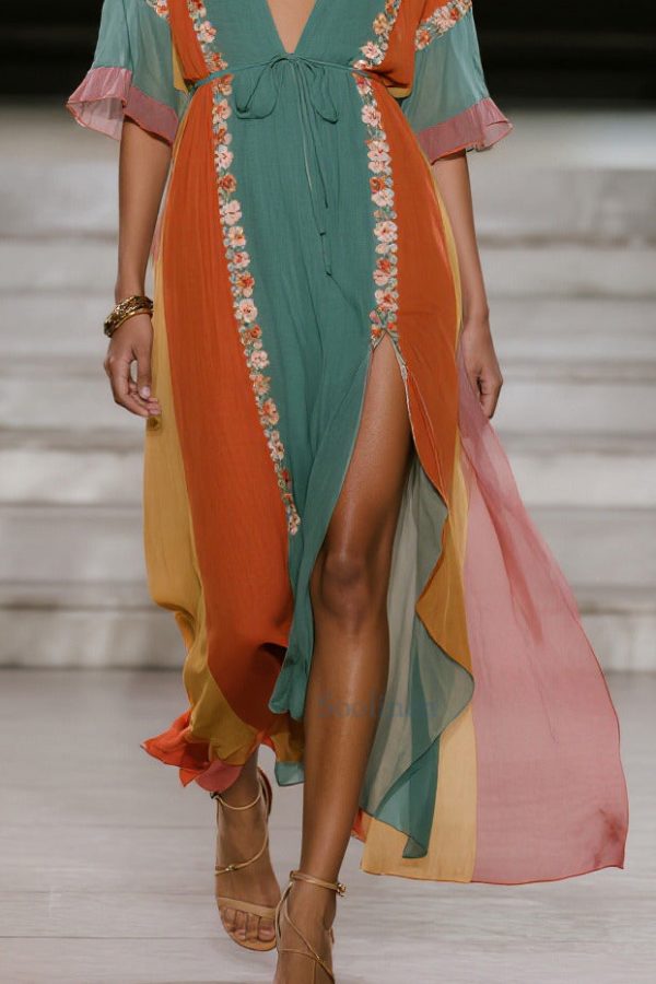 Blue Striped Draping Chiffon Beach Dress Tie Waist Side Open Summer