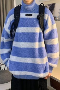 Blue Striped Thick Cozy Mink Hair Knitted Mens Sweater Turtleneck