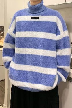 Blue Striped Thick Cozy Mink Hair Knitted Mens Sweater Turtleneck