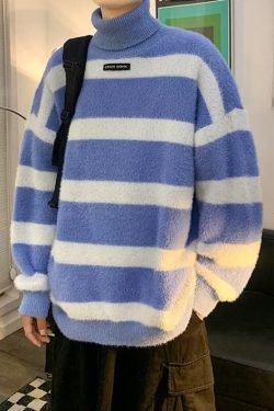 Blue Striped Thick Cozy Mink Hair Knitted Mens Sweater Turtleneck