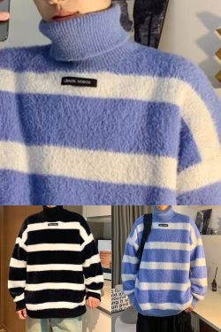 Blue Striped Thick Cozy Mink Hair Knitted Mens Sweater Turtleneck