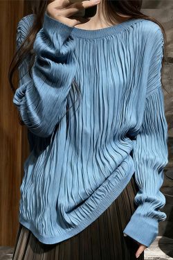 Blue Wrinkled Cozy Cotton T Shirt Top O Neck Long Sleeve