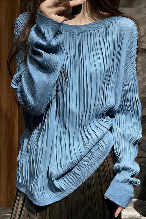 Blue Wrinkled Cozy Cotton T Shirt Top O Neck Long Sleeve