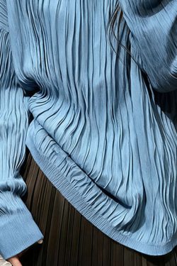 Blue Wrinkled Cozy Cotton T Shirt Top O Neck Long Sleeve