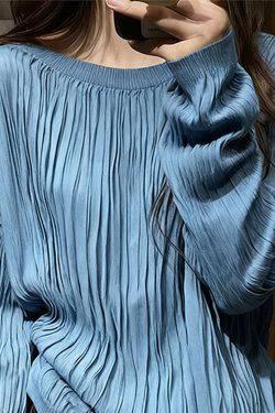 Blue Wrinkled Cozy Cotton T Shirt Top O Neck Long Sleeve