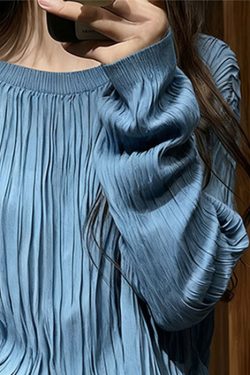Blue Wrinkled Cozy Cotton T Shirt Top O Neck Long Sleeve