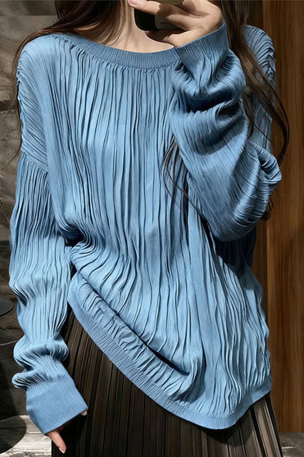 Blue Wrinkled Cozy Cotton T Shirt Top O Neck Long Sleeve
