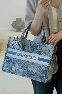 Blue Zippered Patchwork Paitings Canvas Satchel Handbag