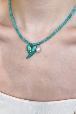 Bohemian Blue Alloy Floral Love Pearl Cat's Eye Stone Beading Pendant Necklace Two-piece set