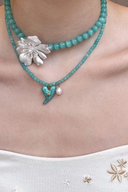 Bohemian Blue Alloy Floral Love Pearl Cat's Eye Stone Beading Pendant Necklace Two-piece set