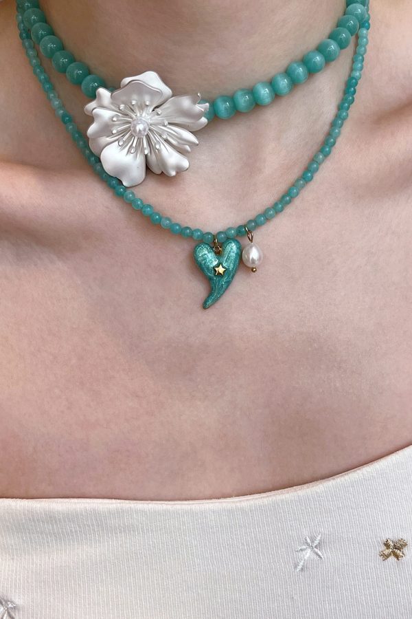 Bohemian Blue Alloy Floral Love Pearl Cat's Eye Stone Beading Pendant Necklace Two-piece set