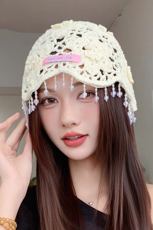 Bohemian Blue Floral Tassel Hollow Out Knit Boonie Hat