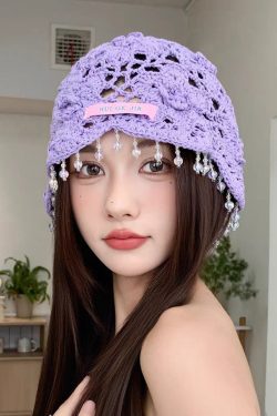 Bohemian Blue Floral Tassel Hollow Out Knit Boonie Hat