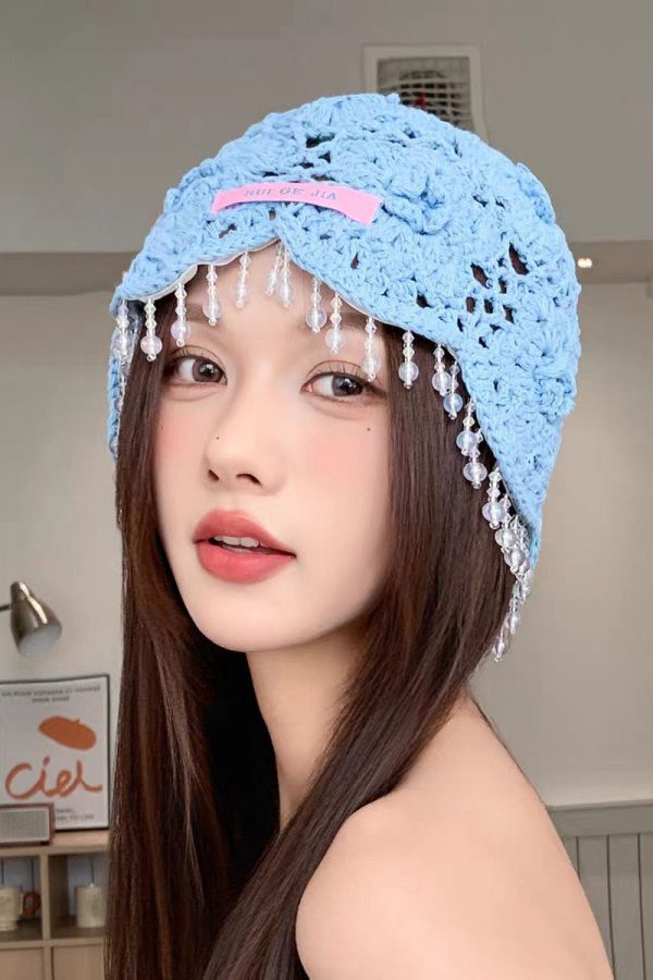 Bohemian Blue Floral Tassel Hollow Out Knit Boonie Hat