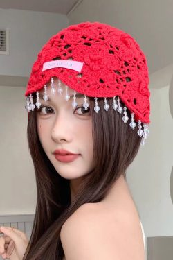 Bohemian Blue Floral Tassel Hollow Out Knit Boonie Hat