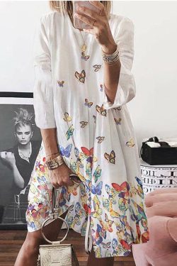 Bohemian Blue O Neck Butterfly Print Cotton Mid Dress Summer