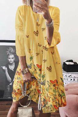 Bohemian Blue O Neck Butterfly Print Cotton Mid Dress Summer