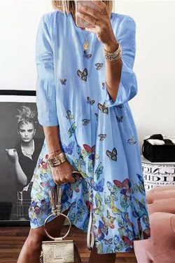 Bohemian Blue O Neck Butterfly Print Cotton Mid Dress Summer