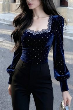 Bohemian Blue Square Collar Lace Patchwork Silk Velour Tops Spring