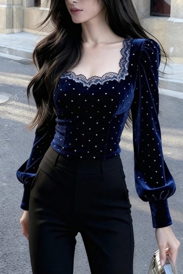 Bohemian Blue Square Collar Lace Patchwork Silk Velour Tops Spring