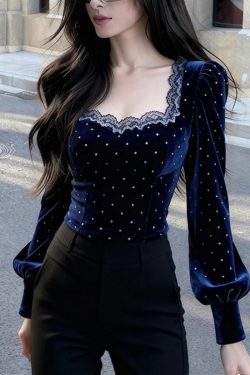 Bohemian Blue Square Collar Lace Patchwork Silk Velour Tops Spring