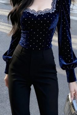 Bohemian Blue Square Collar Lace Patchwork Silk Velour Tops Spring