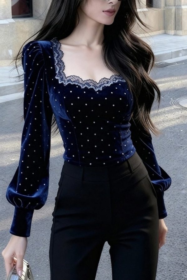 Bohemian Blue Square Collar Lace Patchwork Silk Velour Tops Spring