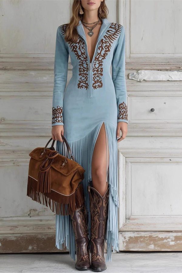 Bohemian Blue Tassel Patchwork Faux Suede Dresses Spring
