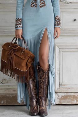 Bohemian Blue Tassel Patchwork Faux Suede Dresses Spring