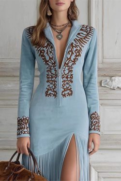 Bohemian Blue Tassel Patchwork Faux Suede Dresses Spring