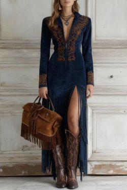 Bohemian Blue Tassel Patchwork Faux Suede Dresses Spring
