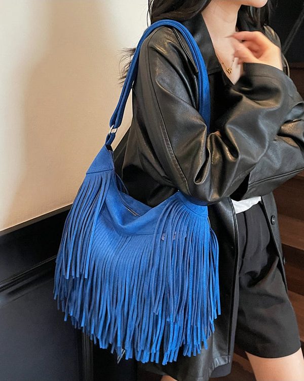 Bohemian Blue Tassel Suede Large Capacity Shoulder Bag
