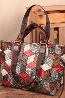 Bohemian Colorblock Geometric Appliqued Calf Leather Tote Handbag